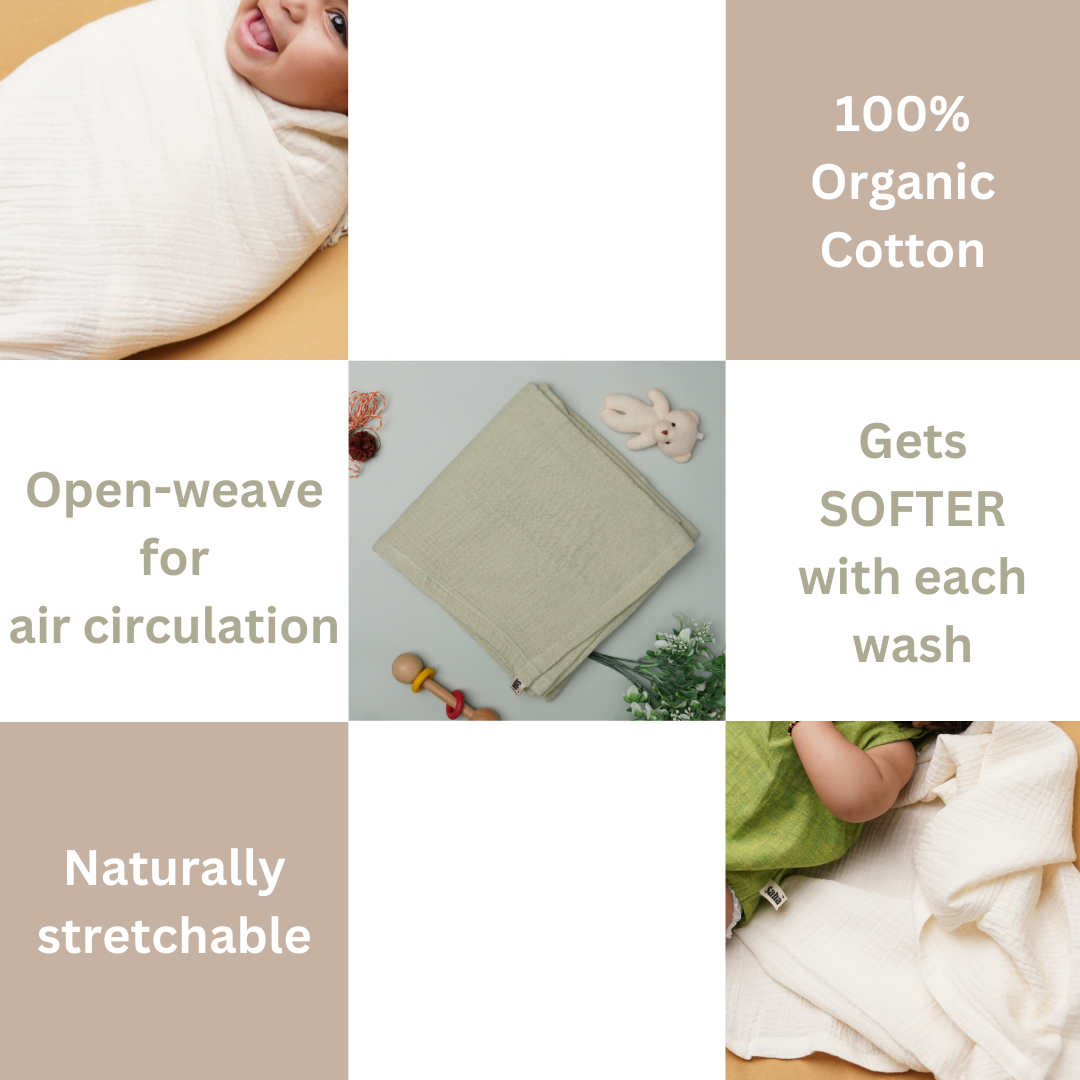 Baby swaddled in muslin swaddle wrap with text highlighting features like open-weave, stretchability, and softness.