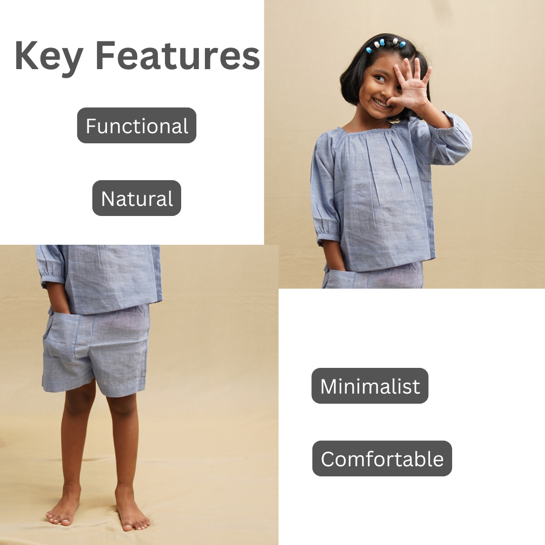 Blue Khadi Girls' Matching top and shorts Set with highlighted features