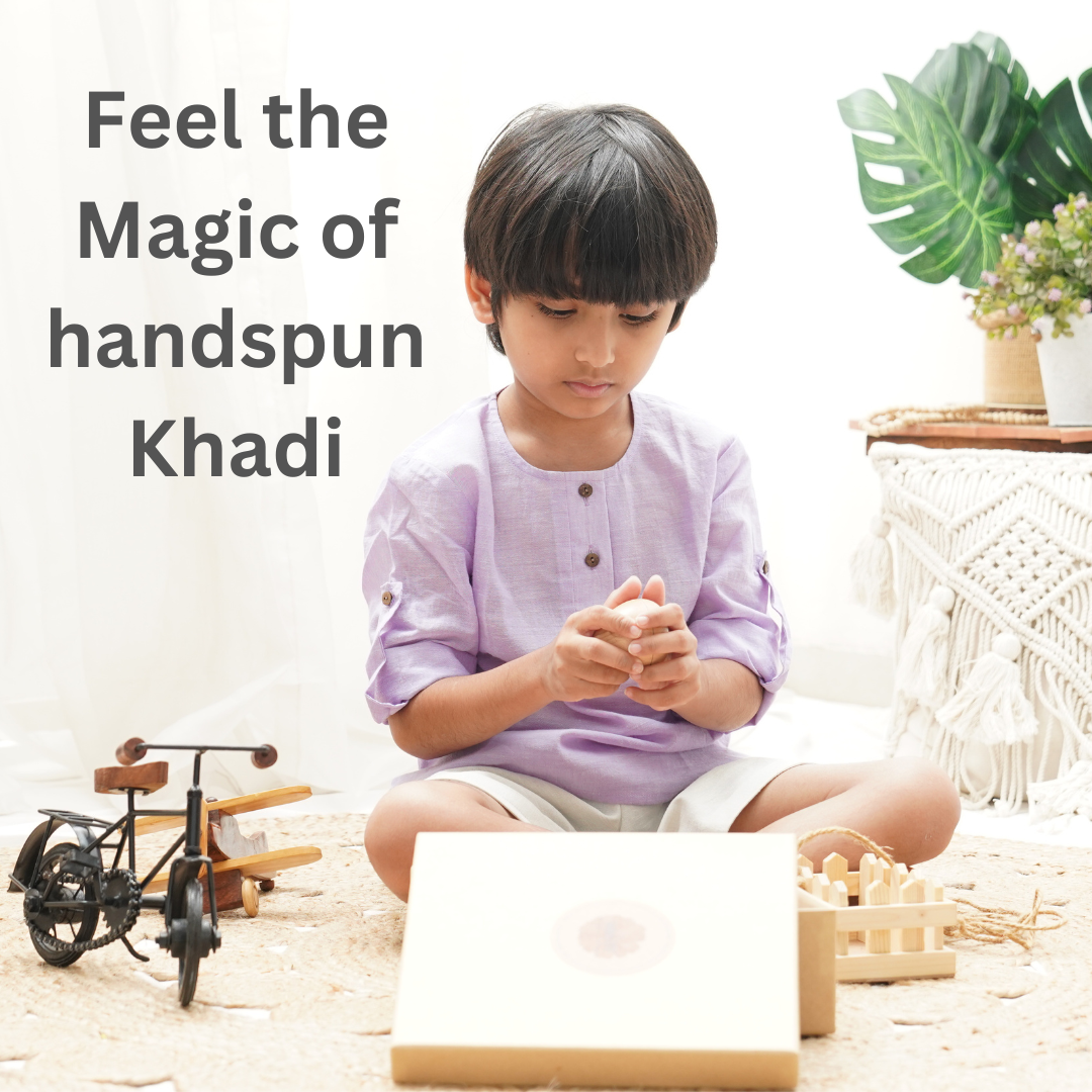 Boy wearing purple cotton shirt and engaged in play with text highlighting Feel the Magic of handspun Khadi