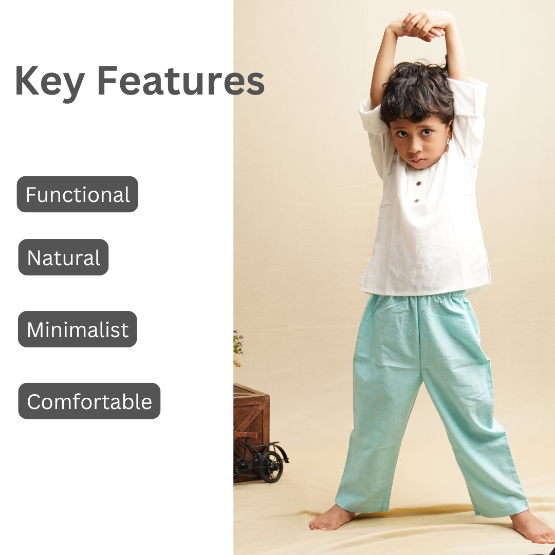 boy wearing white cotton shirt and teal blue cotton pants withFeatures of Full Sleeve Shirt for Boys in pure cotton highlighted
