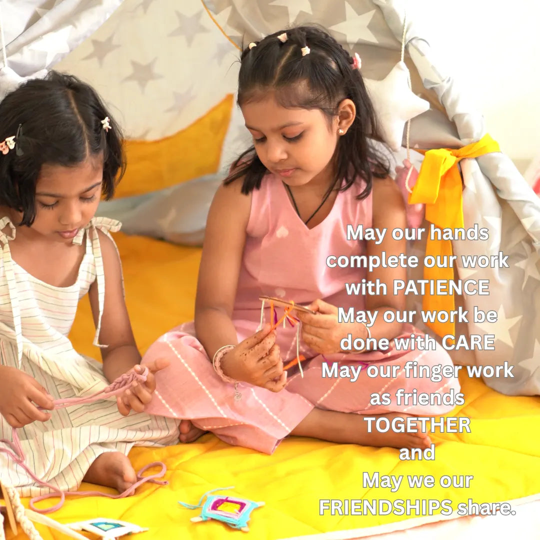Children engaged in screen-free handwork activities together using yarn crafts and finger knitting from the Introductory Handwork Activity Kit.