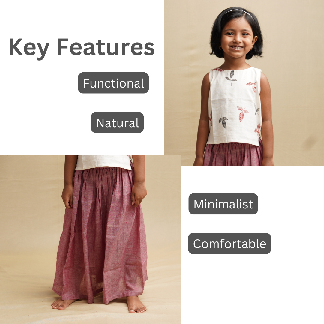 Girl wearing Khadi crop top and skirt with features functional natural minimalist comfortable