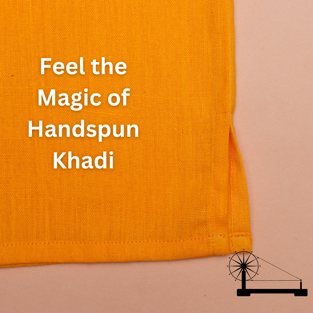 Yellow Khadi fabric with text 'Feel the Magic of Handspun Khadi' and a handspinning wheel icon on a beige background.
