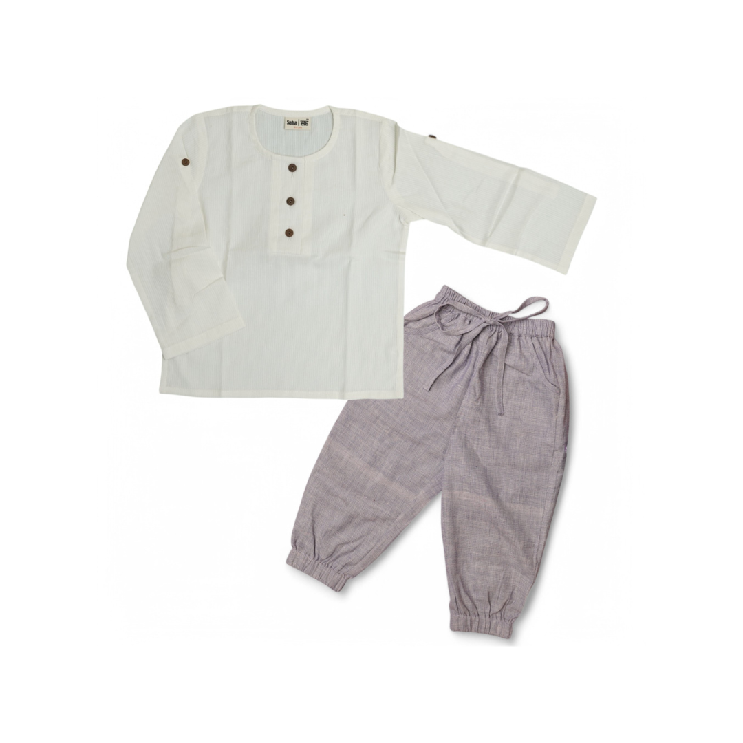 Children's outfit set with a white long-sleeve shirt and purple lounge pants on a white background