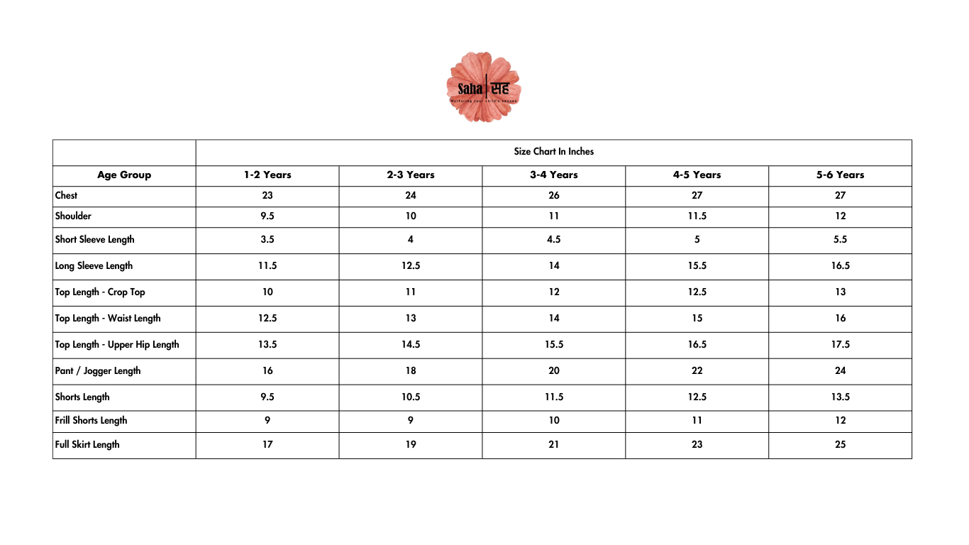 Saha Size Chart for different age groups