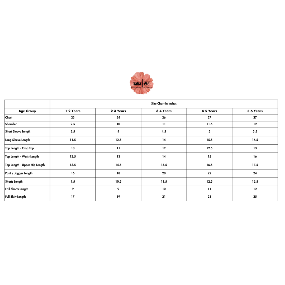 Saha Size Chart in Inches