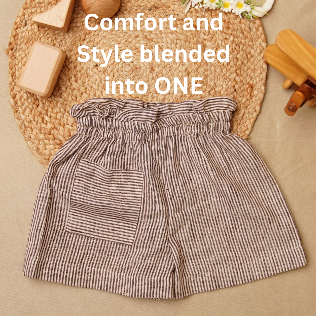 Striped shorts with a woven mat and wooden items in the background, text 'Comfort and Style blended into ONE'