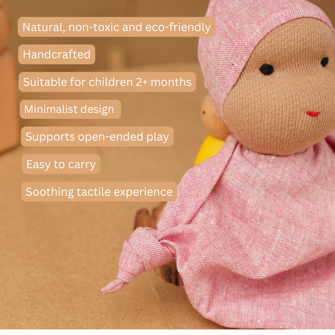 Features of Waldorf Doll in a close-up photo