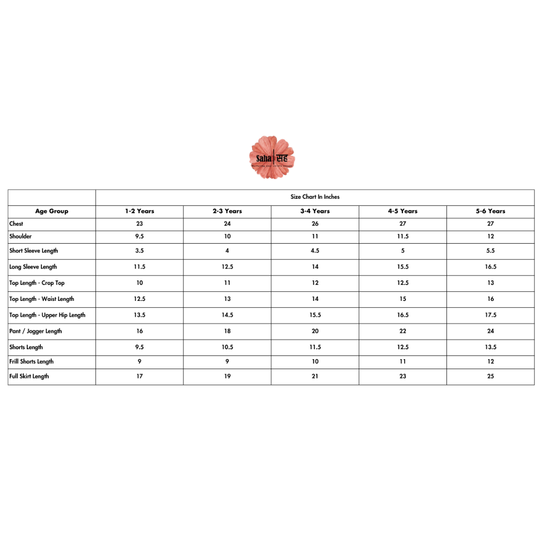 Saha children's clothing size chart