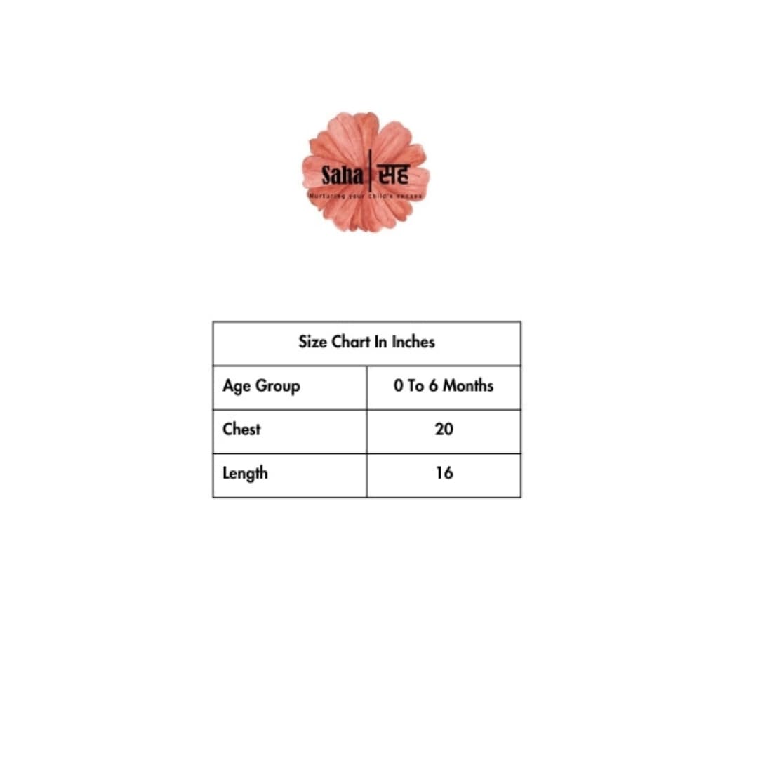 Size chart for age group 0 to 6 months with chest and length measurements on a white background.