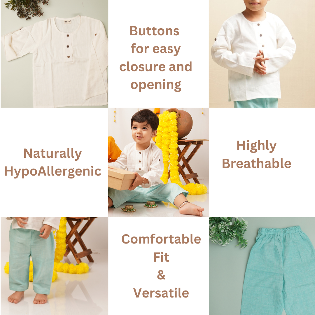 Collage of photos and features with photos of products and child