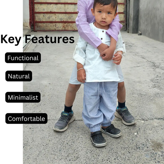 Toddler wearing khadi cotton shirt with key features highlighted