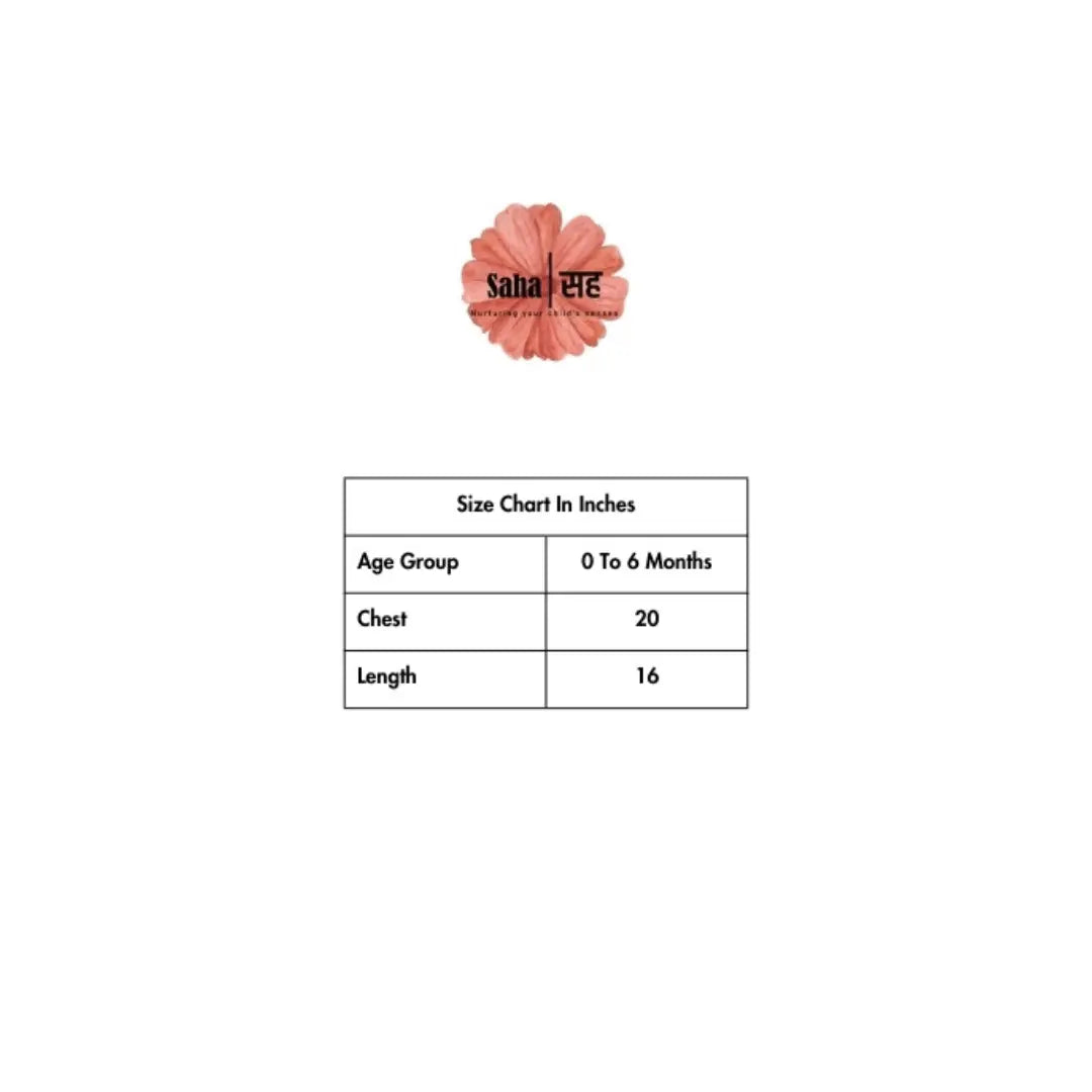 Size chart for age group 0 to 6 months with chest and length measurements on a white background.