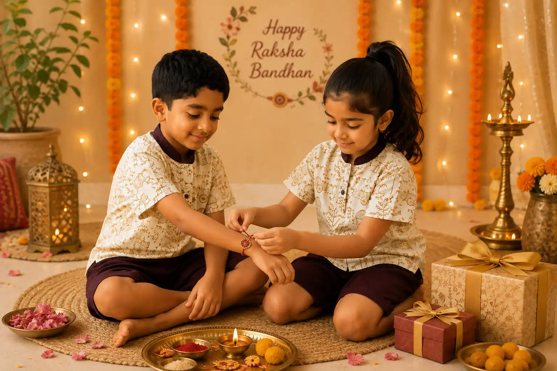 brother sister celebrating rakhi in unisex khadiwears