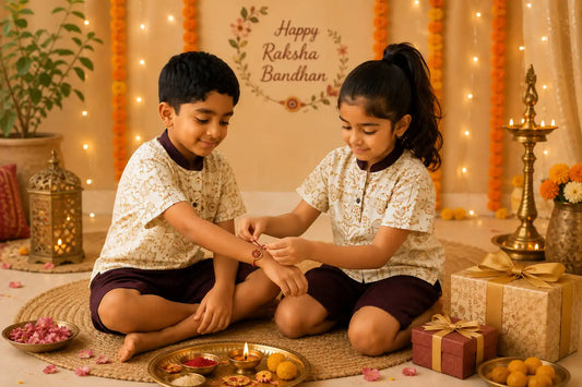 brother sister celebrating rakhi in unisex khadiwears
