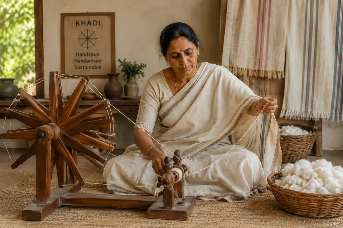 Artisan weaving Khadi using hand spindle