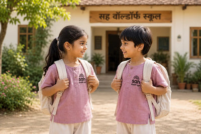 5 year olds wearing uniform in front of their school