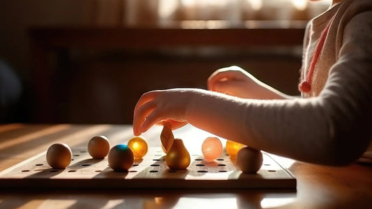 Child playing with open-ended wooden educational toys on a peg board in natural light