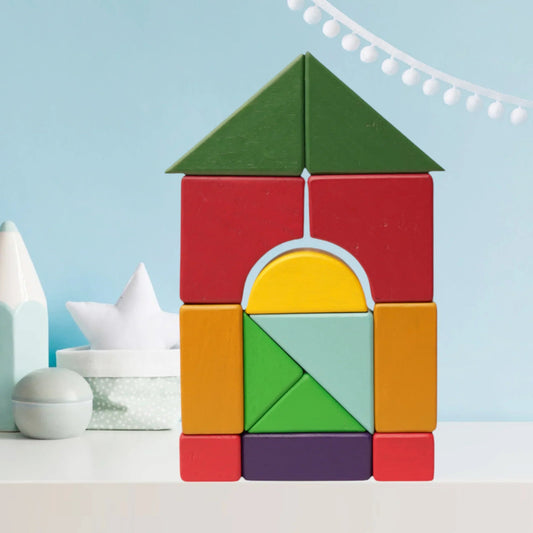Colorful wooden building blocks arranged in a house shape, Montessori educational toy