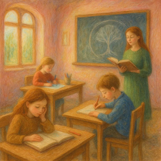 Waldorf classroom with children learning at wooden desks, teacher reading, chalkboard tree drawing