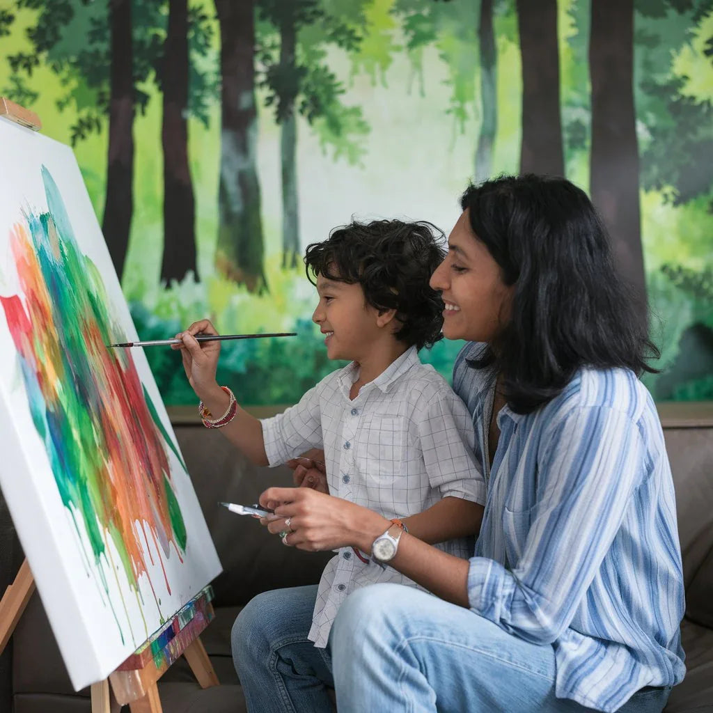 Indian parent and child painting together at home, creative learning with art