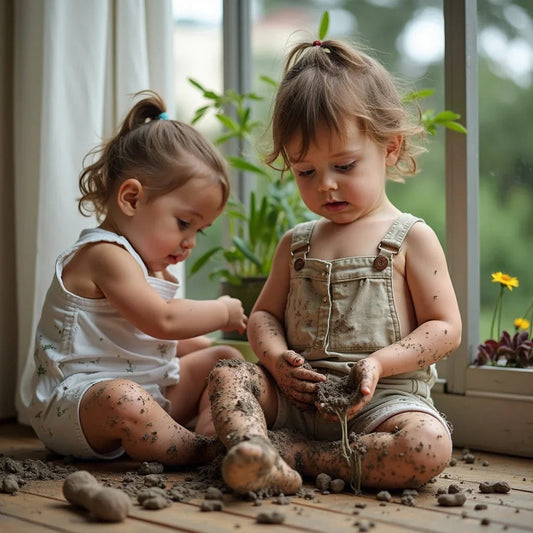 Toddlers in organic cotton rompers playing with dirt indoors, near potted plants, natural light
