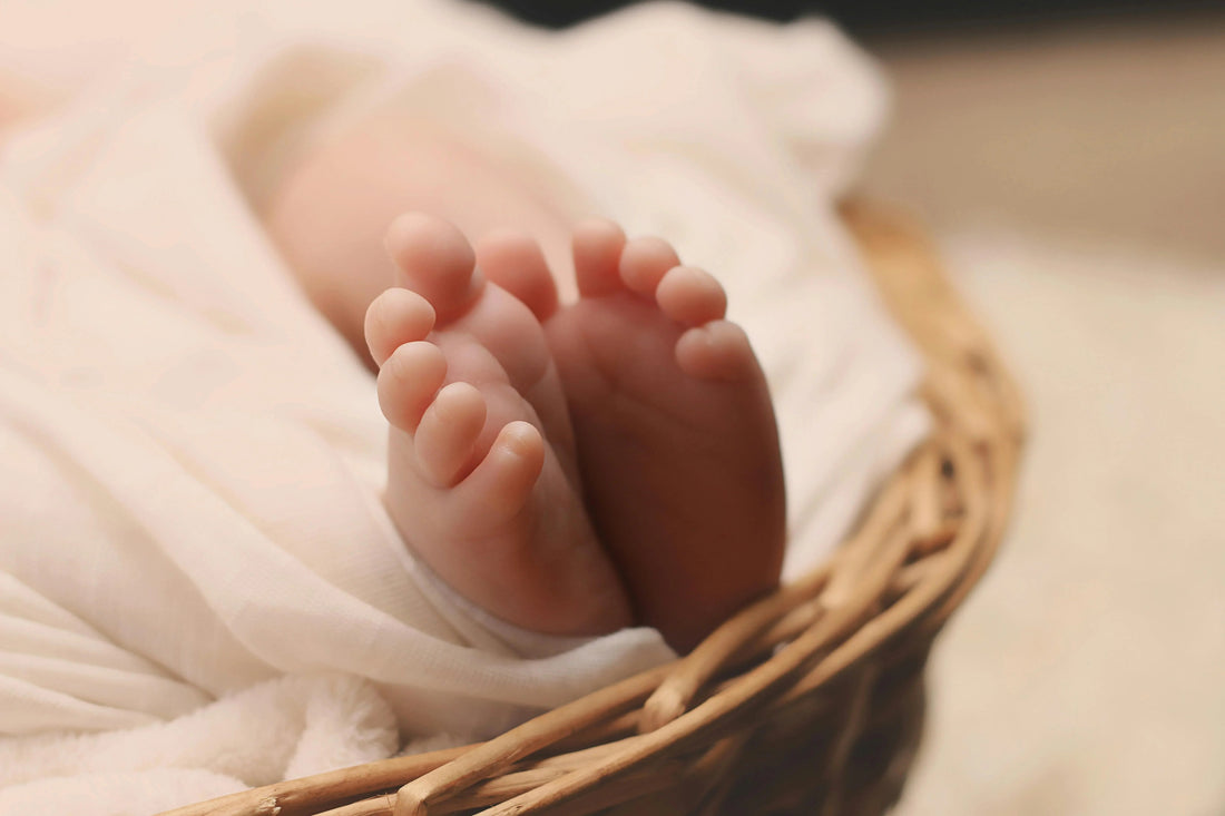 Newborn baby feet wrapped in soft organic cotton cloth in a wicker basket