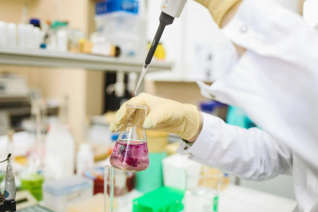 Scientist in lab coat using pipette with beaker of pink liquid, laboratory background