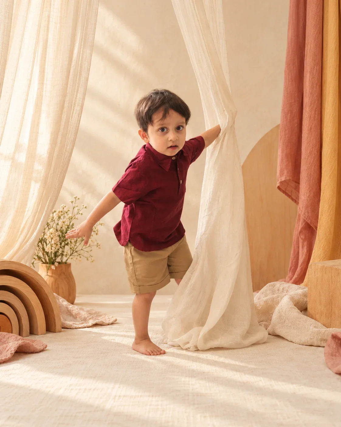 Curious toddler in cotton clothes playing with drapes