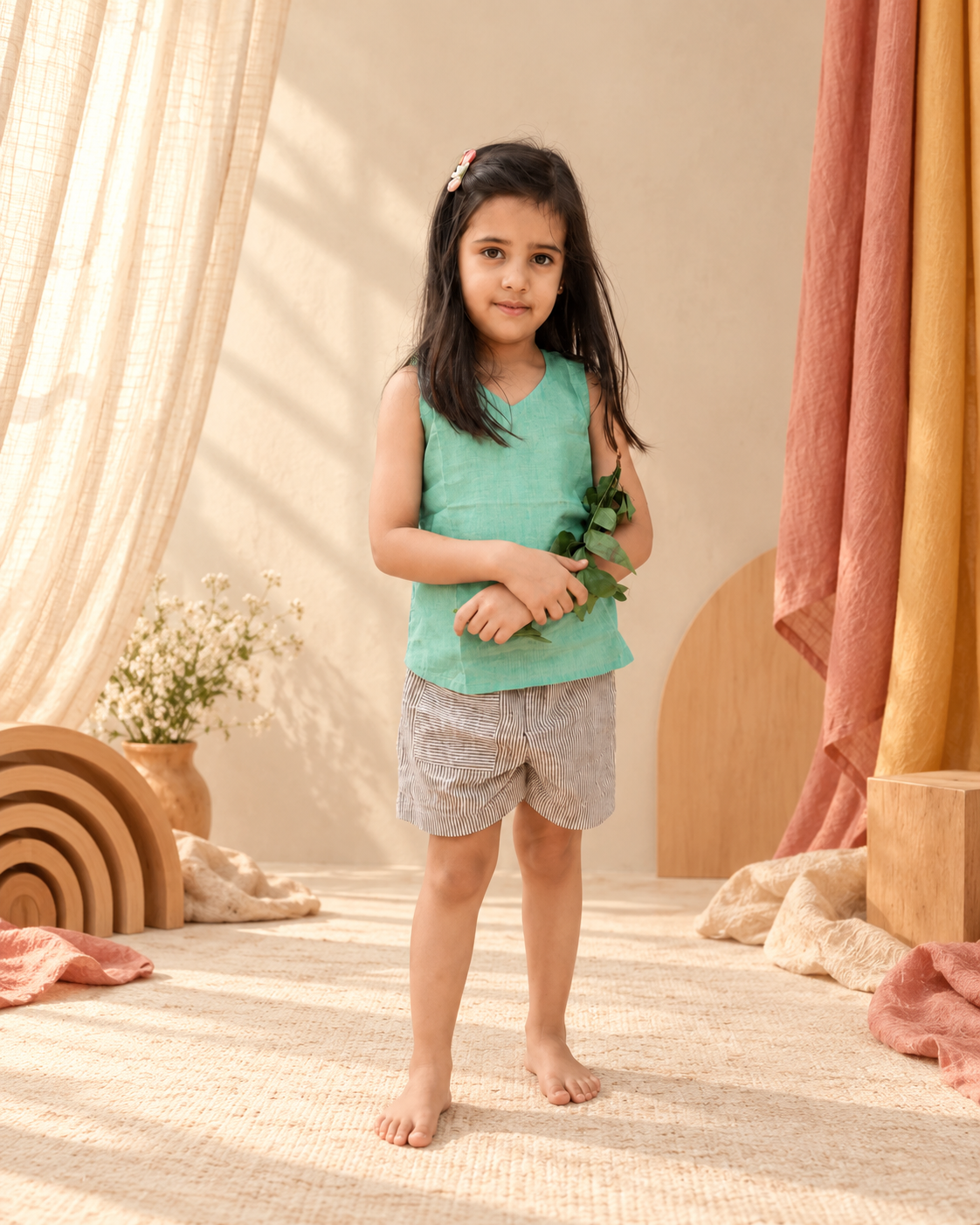 Little girl wearing cotton clothes against a minimalist background