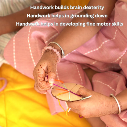 Child practicing handwork with a wooden braiding disc to develop fine motor skills, concentration, and coordination