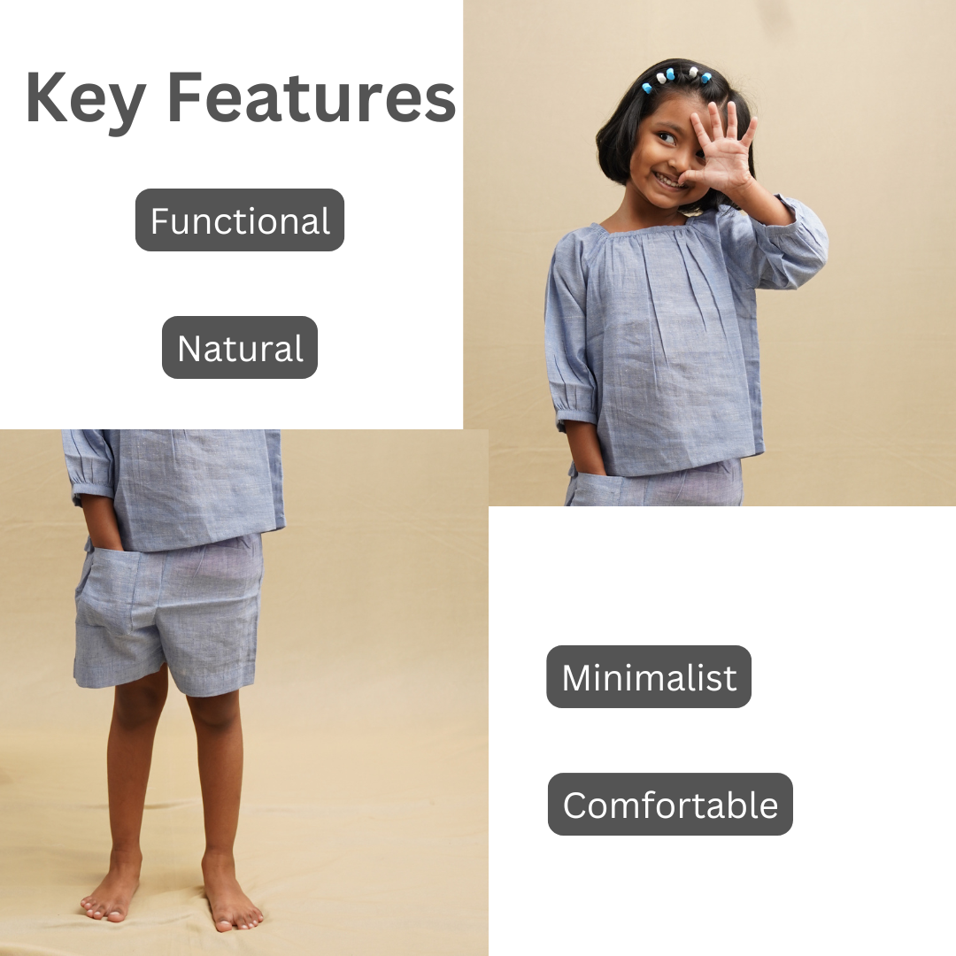 Blue Khadi Girls' Set Features Functional Clothing