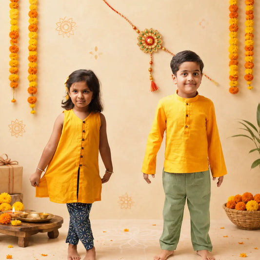 A young boy and girl standing barefoot in a decorated indoor setting, wearing bright yellow traditional clothing