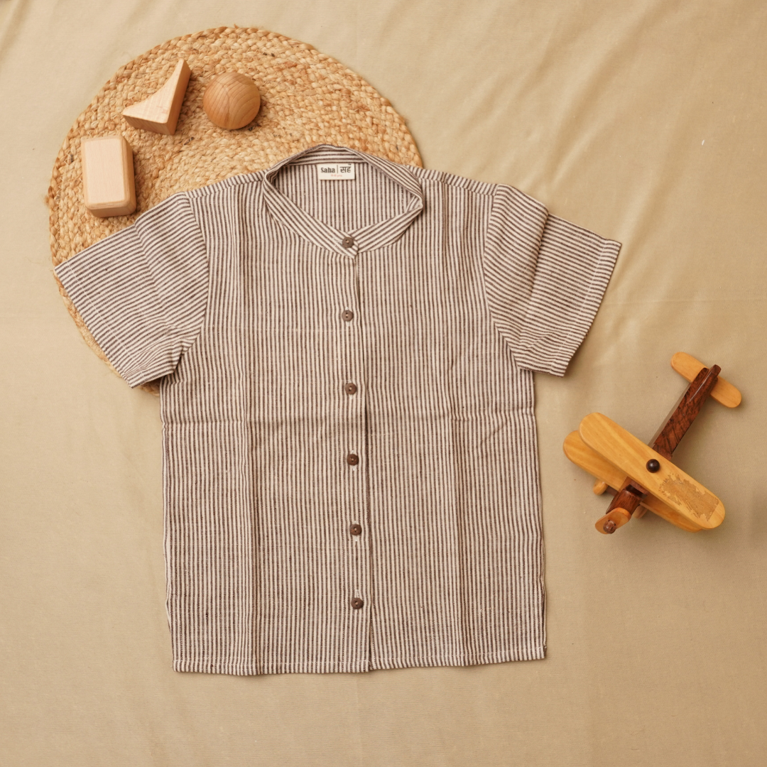 Flatlay photo of boys stripe shirt in pure cotton 