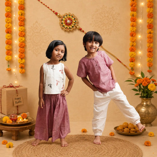 Two children modeling traditional Indian clothing in a festive home setting decorated for Rakhi festival with marigold garlands