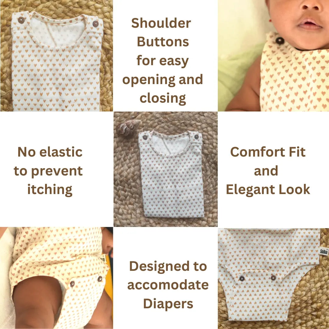 Feature collage of the baby Romper showing shoulder buttons, diaper-friendly design, comfort fit, and no-elastic construction for easy wear.