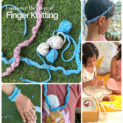 Finger knitting activity for children using soft cotton yarn to create bracelets, necklaces, and headbands through creative handwork