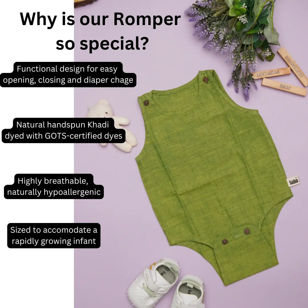 Green baby romper in pure cotton with text highlighting its features on a purple background