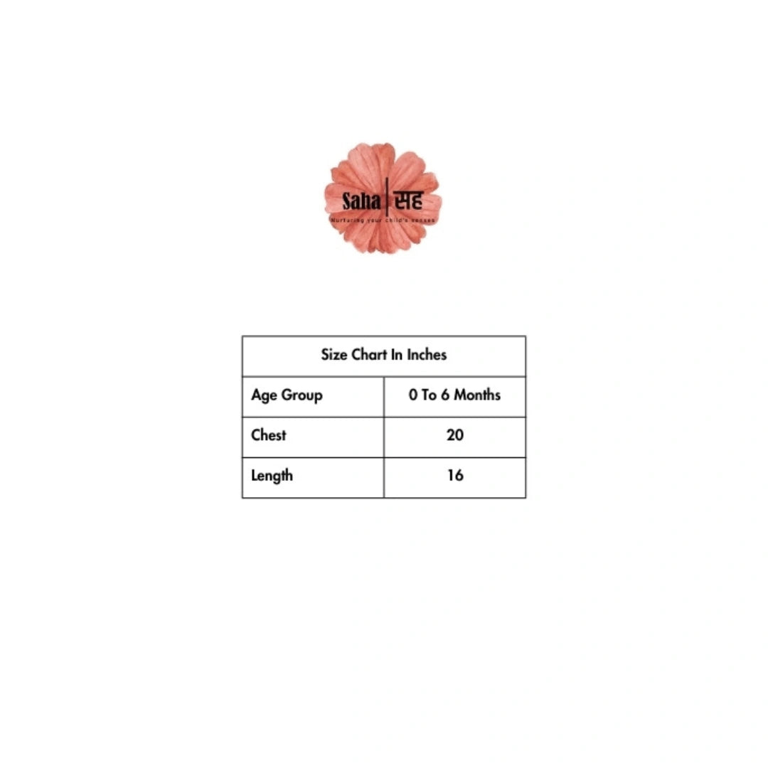 Size chart for age group 0 to 6 months with chest and length measurements on a white background.