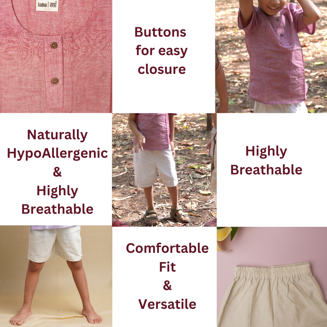 Collage of a child wearing a pink shirt with text highlighting features like buttons, hypoallergenic material, and comfort.