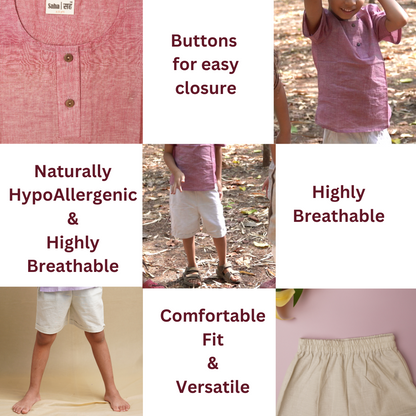 Collage of a child wearing a pink shirt with text highlighting features like buttons, hypoallergenic material, and comfort.