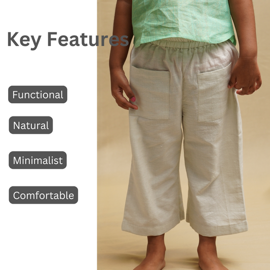 Girl wearing Khadi pants with features highlighted on the left side