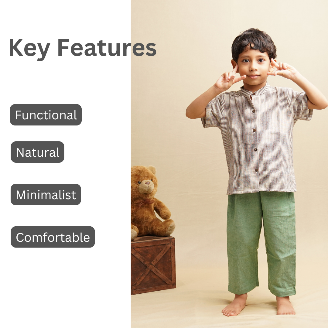 Boy wearing Stripe cotton shirt and green cotton pants with features highlighted on one side