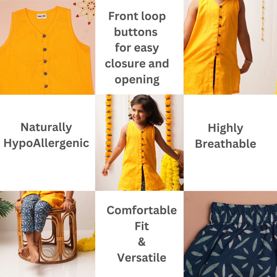 Yellow sleeveless top with buttons, child wearing it, and text highlighting features.