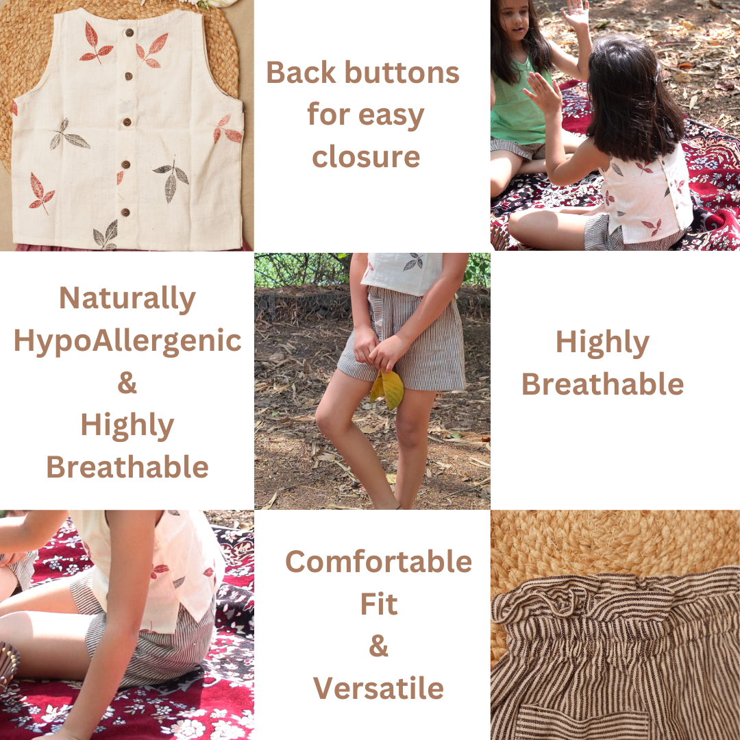 Product collage with a crop top and shorts in pure cotton with children playing, and text highlighting features like back buttons, hypoallergenic nature, and comfort.