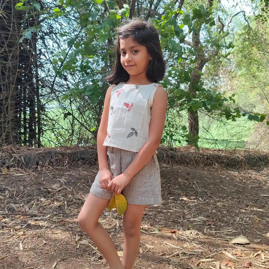 Floral Whirl khadi crop top and shorts set for girls front view – breathable summer kidswear