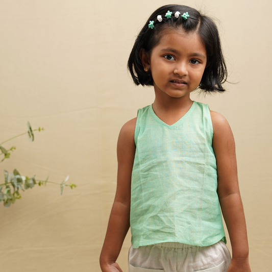 Green Khadi Sleeveless Top for Girls