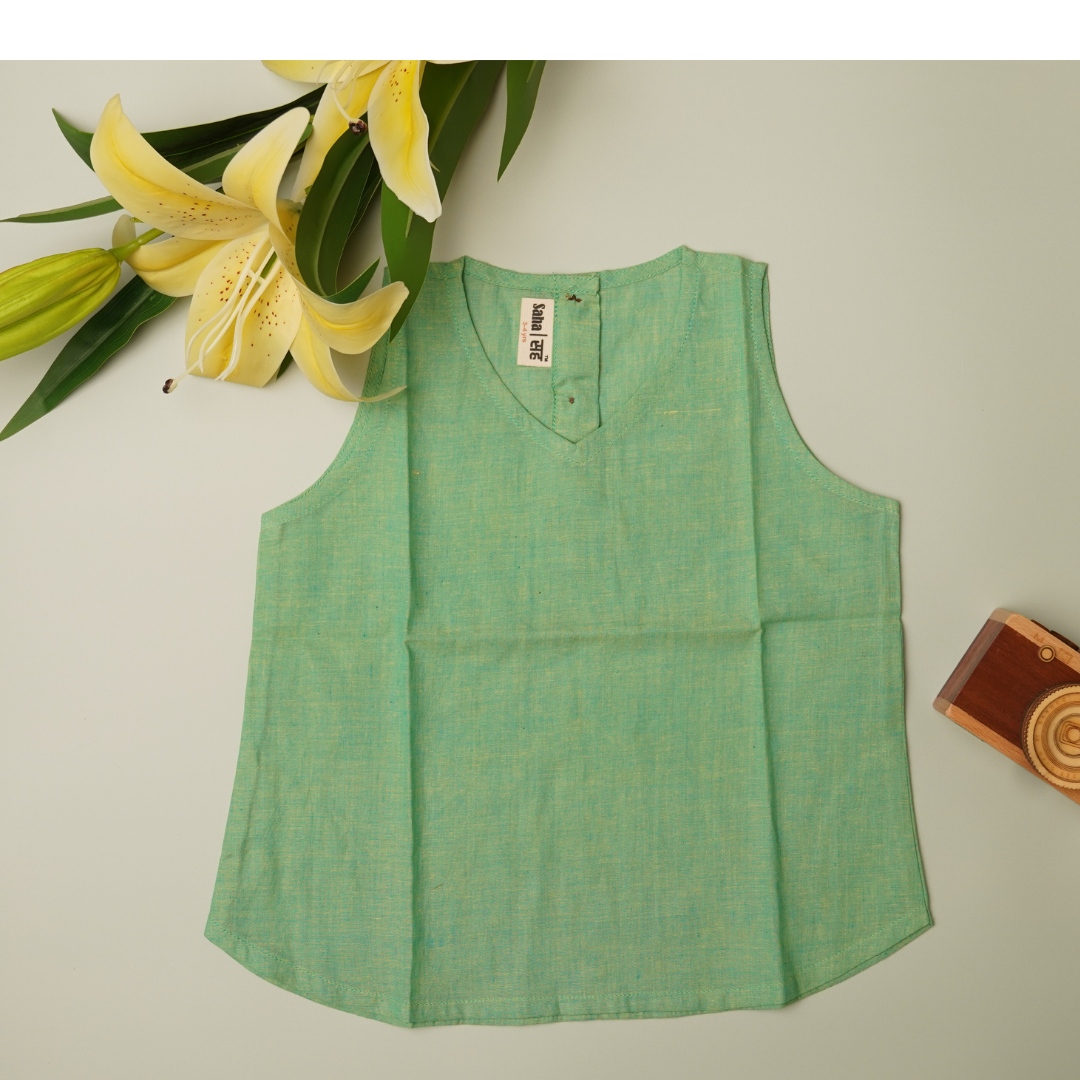Green Khadi Cotton Top Close up view