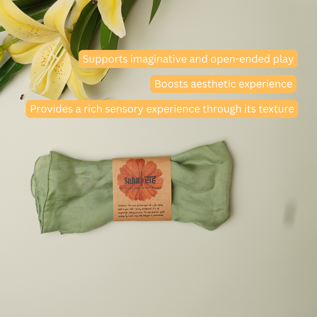 Green Play Silk for open-ended child-led play Waldorf montessori inspired dolls for open-ended child-led play for growth and development fine motor skills problem-solving decision-making pretend play role play creativity imagination natural