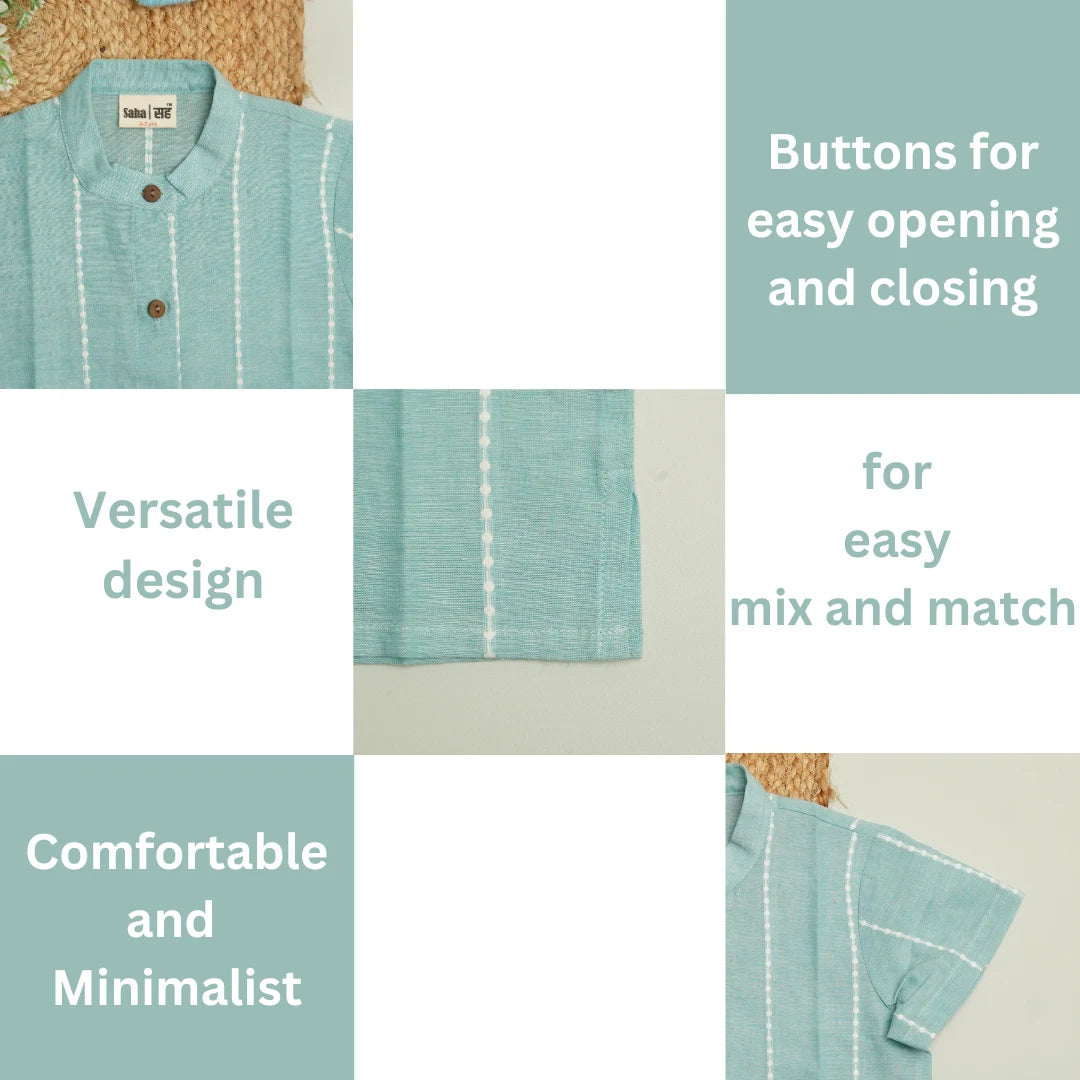 Flat lay of mint green handloom cotton shirt showcasing wooden buttons, minimalist design, and versatile styling for boys and girls